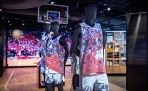 NBA themed jerseys and basketball hoop merchandising in AT&T store